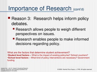 © 2009, Vicente Chua Reyes, Jr. PHD. All rights reserved.
Copyright © 2008 by Pearson Education, Inc.
Upper Saddle River, New Jersey 07458
All rights reserved.
Importance of Research (cont’d)
 Reason 3: Research helps inform policy
debates.
 Research allows people to weigh different
perspectives on issues.
 Research enables people to make informed
decisions regarding policy.
Adapted from : John W. Creswell Educational Research:
Planning, Conducting, and Evaluating Quantitative and
Qualitative Research, third edition
What are the factors that determine student achievement?
•Student level factors – What is the impact of existing policy/ies? School vouchers?
•School level factors – What kind of policy interventions are necessary? Government
funding
 