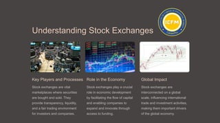 Understanding Stock Exchanges
Key Players and Processes
Stock exchanges are vital
marketplaces where securities
are bought and sold. They
provide transparency, liquidity,
and a fair trading environment
for investors and companies.
Role in the Economy
Stock exchanges play a crucial
role in economic development
by facilitating the flow of capital
and enabling companies to
expand and innovate through
access to funding.
Global Impact
Stock exchanges are
interconnected on a global
scale, influencing international
trade and investment activities,
making them important drivers
of the global economy.
 