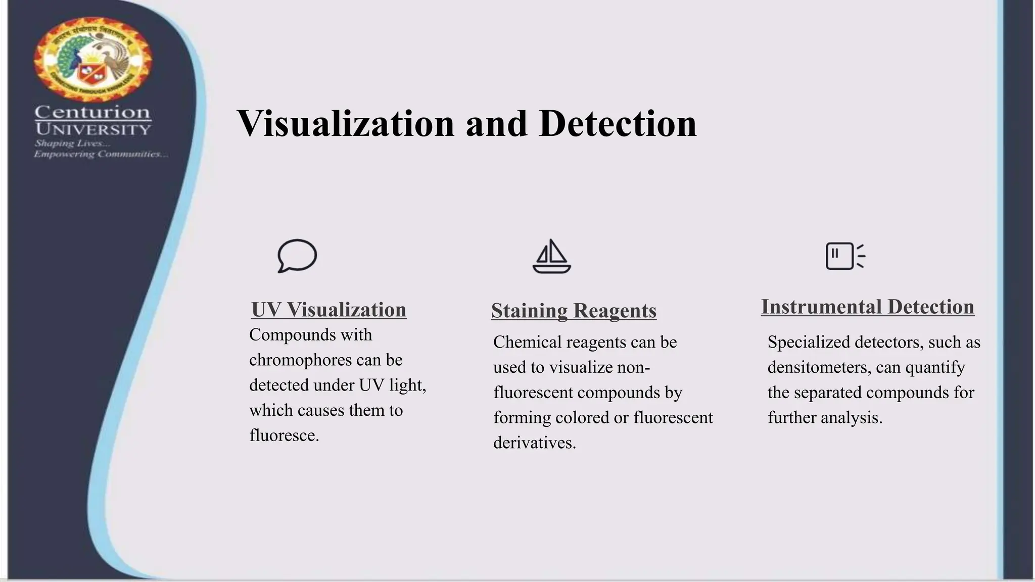 Visualization and Detection
UV Visualization
Compounds with
chromophores can be
detected under UV light,
which causes them to
fluoresce.
Staining Reagents
Chemical reagents can be
used to visualize non-
fluorescent compounds by
forming colored or fluorescent
derivatives.
Instrumental Detection
Specialized detectors, such as
densitometers, can quantify
the separated compounds for
further analysis.
 