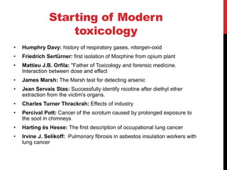 Starting of Modern
toxicology
• Humphry Davy: history of respiratory gases, nitorgen-oxid
• Friedrich Sertürner: first isolation of Morphine from opium plant
• Mattieu J.B. Orfila: "Father of Toxicology and forensic medicine.
Interaction between dose and effect
• James Marsh: The Marsh test for detecting arsenic
• Jean Servais Stas: Successfully identify nicotine after diethyl ether
extraction from the victim's organs.
• Charles Turner Thrackrah: Effects of industry
• Percival Pott: Cancer of the scrotum caused by prolonged exposure to
the soot in chimneys
• Harting és Hesse: The first description of occupational lung cancer
• Irvine J. Selikoff: Pulmonary fibrosis in asbestos insulation workers with
lung cancer
 
