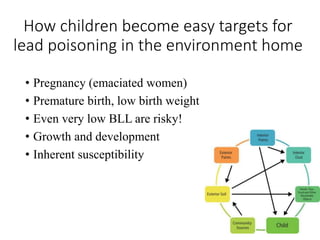 How children become easy targets for
lead poisoning in the environment home
• Pregnancy (emaciated women)
• Premature birth, low birth weight
• Even very low BLL are risky!
• Growth and development
• Inherent susceptibility
 
