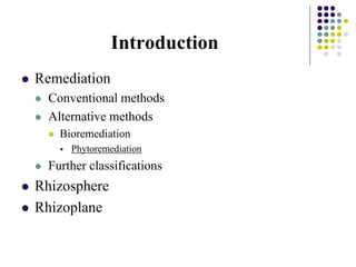Introduction
 Remediation
 Conventional methods
 Alternative methods
 Bioremediation
 Phytoremediation
 Further classifications
 Rhizosphere
 Rhizoplane
 
