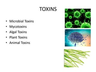 TOXINS
• Microbial Toxins
• Mycotoxins
• Algal Toxins
• Plant Toxins
• Animal Toxins
 