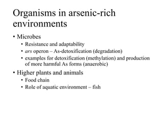 Organisms in arsenic-rich
environments
• Microbes
• Resistance and adaptability
• ars operon – As-detoxification (degradation)
• examples for detoxification (methylation) and production
of more harmful As forms (anaerobic)
• Higher plants and animals
• Food chain
• Role of aquatic environment – fish
 