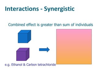 Interactions - Synergistic Combined effect is greater than sum of individuals e.g. Ethanol & Carbon tetrachloride 