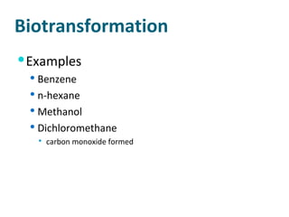 Biotransformation Examples Benzene n-hexane Methanol Dichloromethane  carbon monoxide formed 