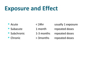 Exposure and Effect Acute   < 24hr  usually 1 exposure Subacute   1 month repeated doses Subchronic 1-3 months repeated doses Chronic > 3months repeated doses 