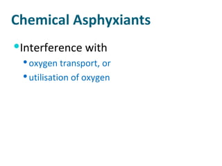Chemical Asphyxiants Interference with  oxygen transport, or utilisation of oxygen 