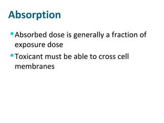 Absorption Absorbed dose is generally a fraction of exposure dose Toxicant must be able to cross cell membranes 