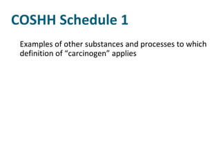 COSHH Schedule 1 Examples of other substances and processes to which definition of “carcinogen” applies 