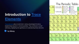 Introduction to Trace
Elements
Trace elements play a crucial role in various physiological functions,
despite being required in minimal quantities. They contribute to overall
well-being, highlighting the significance of understanding these elements.
by Alborg
 
