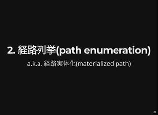 2. 経路列挙(path enumeration)
a.k.a. 経路実体化(materialized path)
23
 