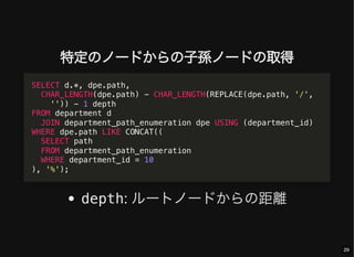 特定のノードからの子孫ノードの取得
depth: ルートノードからの距離
SELECT d.*, dpe.path,
CHAR_LENGTH(dpe.path) - CHAR_LENGTH(REPLACE(dpe.path, '/',
'')) - 1 depth
FROM department d
JOIN department_path_enumeration dpe USING (department_id)
WHERE dpe.path LIKE CONCAT((
SELECT path
FROM department_path_enumeration
WHERE department_id = 10
), '%');
29
 