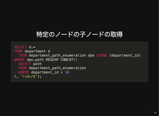 特定のノードの子ノードの取得
SELECT d.*
FROM department d
JOIN department_path_enumeration dpe USING (department_id)
WHERE dpe.path REGEXP CONCAT((
SELECT path
FROM department_path_enumeration
WHERE department_id = 10
), 'd+/$');
31
 