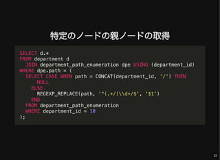 特定のノードの親ノードの取得
SELECT d.*
FROM department d
JOIN department_path_enumeration dpe USING (department_id)
WHERE dpe.path = (
SELECT CASE WHEN path = CONCAT(department_id, '/') THEN
NULL
ELSE
REGEXP_REPLACE(path, '^(.+/)d+/$', '$1')
END
FROM department_path_enumeration
WHERE department_id = 10
);
33
 
