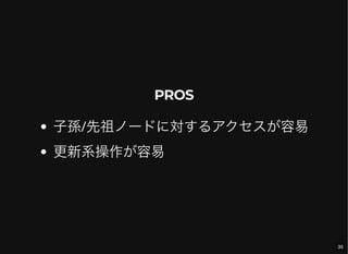 PROS
子孫/先祖ノードに対するアクセスが容易
更新系操作が容易
35
 