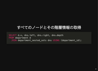 すべてのノードとその階層情報の取得
SELECT d.*, dns.left, dns.right, dns.depth
FROM department d
JOIN department_nested_sets dns USING (department_id);
41
 