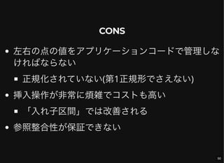 CONS
左右の点の値をアプリケーションコードで管理しな
ければならない
正規化されていない(第1正規形でさえない)
挿入操作が非常に煩雑でコストも高い
「入れ子区間」では改善される
参照整合性が保証できない
50
 