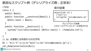 <?php
class C {
public $mail;
public function __construct($mail) {
$this->mail = $mail;
}
public function __destruct() {
system("/usr/sbin/sendmail {$this->mail} < ./template.txt");
}
}
// $s は実際には外部からの文字列
$s = 'O:1:"C":1:{s:4:"mail";s:16:"alice@example.jp";}';
var_dump(unserialize($s));
脆弱なスクリプト例（デシリアライズ側：正常系）
© 2016-2020 Hiroshi Tokumaru 14
object(C)#1 (1) {
["mail"]=>
string(16) "alice@example.jp"
}
実行結果
デシリアライズ結果
このメールアドレスにメール送信される
 