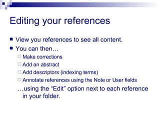 Using Ref Introduction to using Refworks | PPT