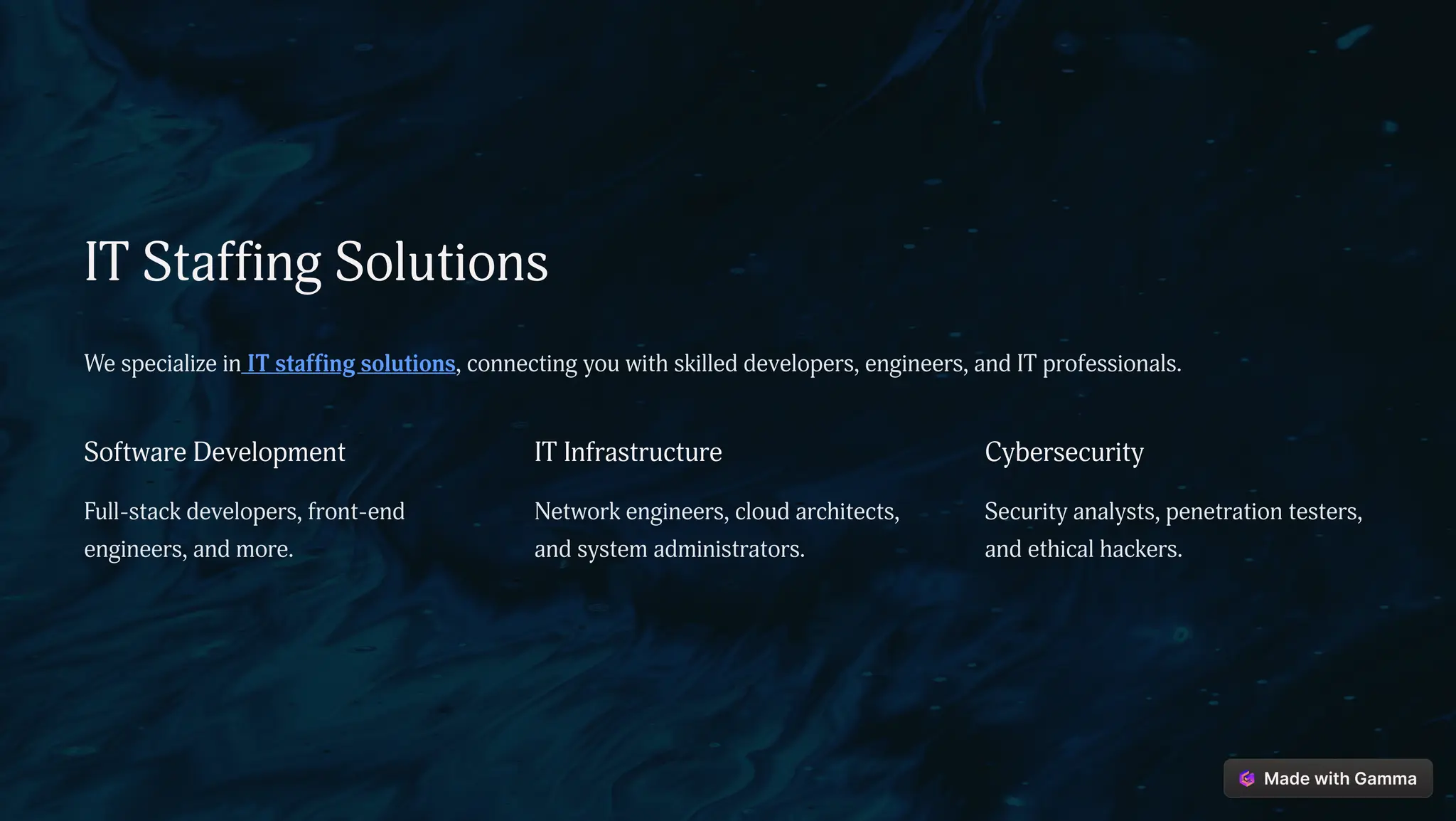 IT Staffing Solutions
We specialize in IT staffing solutions, connecting you with skilled developers, engineers, and IT professionals.
Software Development
Full-stack developers, front-end
engineers, and more.
IT Infrastructure
Network engineers, cloud architects,
and system administrators.
Cybersecurity
Security analysts, penetration testers,
and ethical hackers.
 