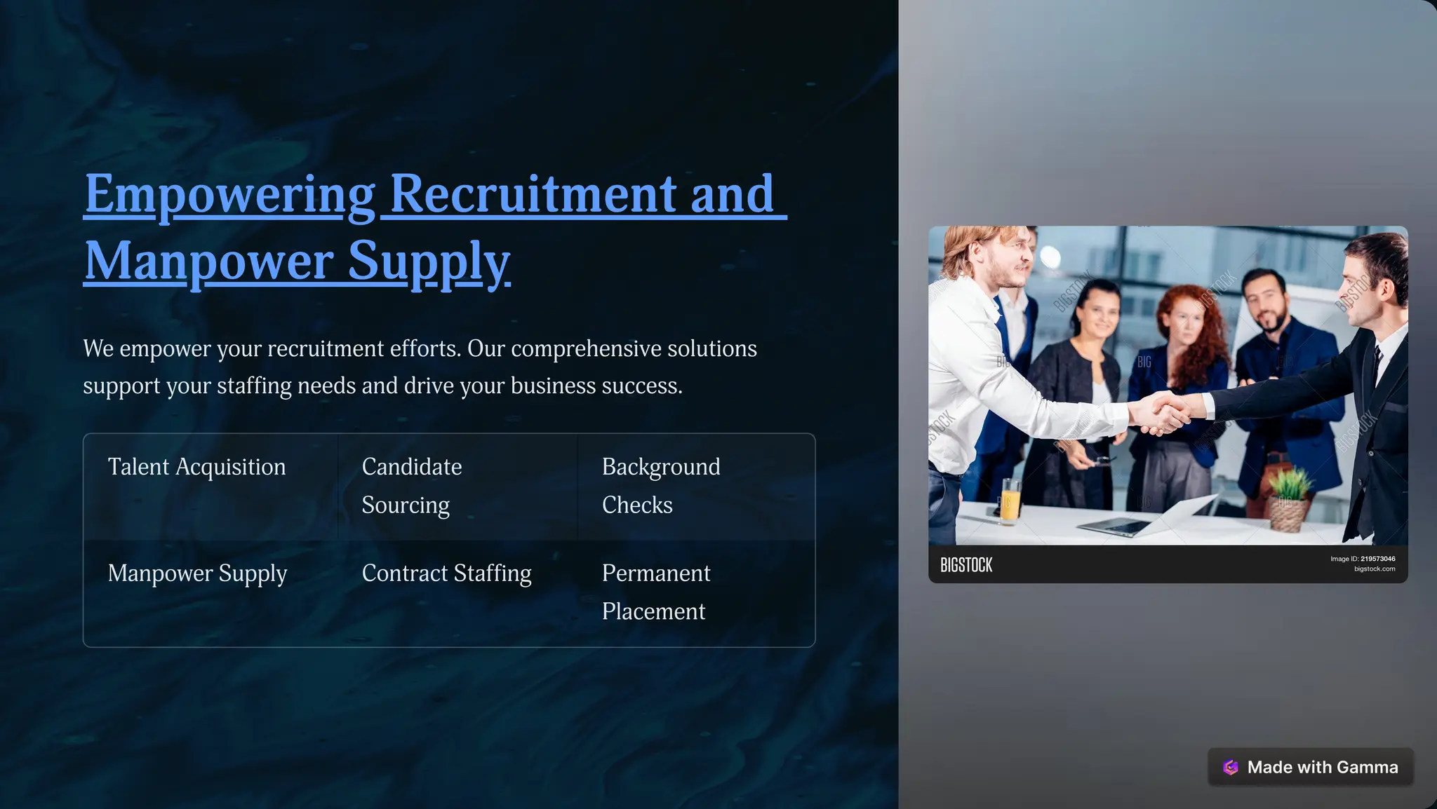Empowering Recruitment and
Manpower Supply
We empower your recruitment efforts. Our comprehensive solutions
support your staffing needs and drive your business success.
Talent Acquisition Candidate
Sourcing
Background
Checks
Manpower Supply Contract Staffing Permanent
Placement
 