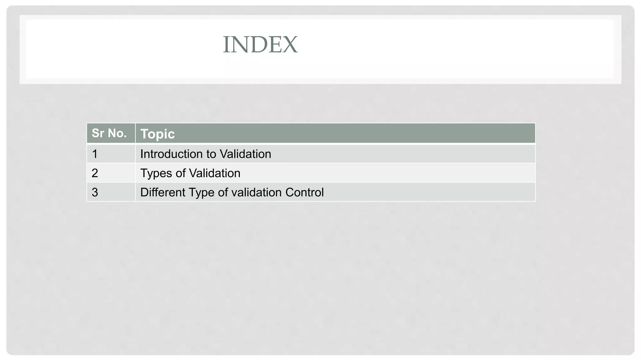INDEX
Sr No. Topic
1 Introduction to Validation
2 Types of Validation
3 Different Type of validation Control
 