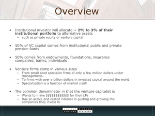 Overview Institutional investor will allocate ~  2% to 3% of their institutional portfolio  to alternative assets  such as private equity or venture capital 50% of VC capital comes from institutional public and private pension funds 50% comes from endowments, foundations, insurance companies, banks, individuals Venture firms come in various sizes From small seed specialist firms of only a few million dollars under management… To firms with over a billion dollars in invested capital around the world Specialization is a function of market size!!  The common denominator in that the venture capitalist is  Wants to make $$$$$$$$$$$$ for their LPs Has an active and vested interest in guiding and growing the companies they invest in 