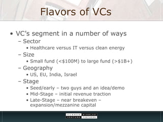 Flavors of VCs VC’s segment in a number of ways Sector  Healthcare versus IT versus clean energy Size  Small fund (<$100M) to large fund (>$1B+) Geography US, EU, India, Israel  Stage Seed/early – two guys and an idea/demo Mid-Stage – initial revenue traction Late-Stage – near breakeven – expansion/mezzanine capital 
