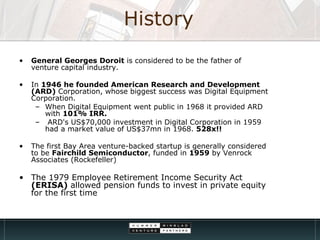 History <ul><li>General Georges Doroit  is considered to be the father of venture capital industry.  </li></ul><ul><li>In ...