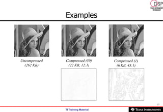 Examples Uncompressed (262 KB) Compressed (50) (22 KB, 12:1) Compressed (1) (6 KB, 43:1) 