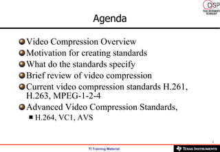 Agenda Video Compression Overview Motivation for creating standards  What do the standards specify  Brief review of video compression  Current video compression standards H.261, H.263, MPEG-1-2-4 Advanced Video Compression Standards, H.264, VC1, AVS 