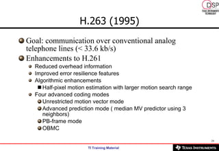H.263 (1995) Goal: communication over conventional analog telephone lines (< 33.6 kb/s) Enhancements to H.261 Reduced overhead information Improved error resilience features Algorithmic enhancements  Half-pixel motion estimation with larger motion search range Four advanced coding modes Unrestricted motion vector mode Advanced prediction mode ( median MV predictor using 3 neighbors) PB-frame mode OBMC 