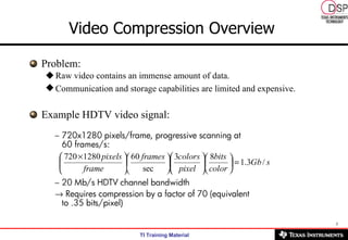 Video Compression Overview   Problem:  Raw video contains an immense amount of data.  Communication and storage capabilities are limited and expensive.   Example HDTV video signal:  