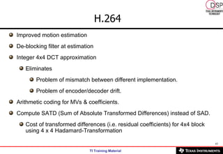 Improved motion estimation De-blocking filter at estimation Integer 4x4 DCT approximation Eliminates  Problem of mismatch between different implementation. Problem of encoder/decoder drift. Arithmetic coding for MVs & coefficients.  Compute SATD (Sum of Absolute Transformed Differences) instead of SAD. Cost of transformed differences (i.e. residual coefficients) for 4x4 block using 4 x 4 Hadamard-Transformation H.264   