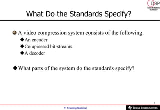 What Do the Standards Specify?   A video compression system consists of the following:  An encoder  Compressed bit-streams  A decoder  What parts of the system do the standards specify?  