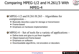 Comparing MPEG-1/2 and H.261/3 With MPEG-4   <ul><li>MPEG-1/2 and H.261/H.263 – Algorithms for compression –   </li></ul><...
