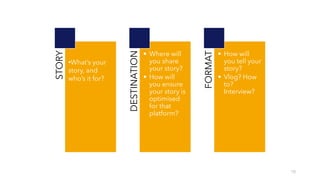 10
STORY •What’s your
story, and
who’s it for?
DESTINATION
• Where will
you share
your story?
• How will
you ensure
your story is
optimised
for that
platform?
FORMAT
• How will
you tell your
story?
• Vlog? How
to?
Interview?
 