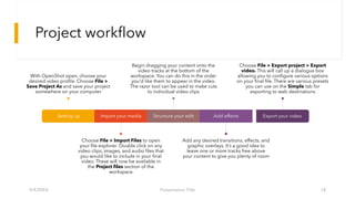 Project workflow
Setting up
With OpenShot open, choose your
desired video profile. Choose File >
Save Project As and save your project
somewhere on your computer
Import your media
Choose File > Import Files to open
your file explorer. Double click on any
video clips, images, and audio files that
you would like to include in your final
video. These will now be available in
the Project files section of the
workspace
Structure your edit
Begin dragging your content onto the
video tracks at the bottom of the
workspace. You can do this in the order
you’d like them to appear in the video.
The razor tool can be used to make cuts
to individual video clips
Add effects
Add any desired transitions, effects, and
graphic overlays. It’s a good idea to
leave one or more tracks free above
your content to give you plenty of room
Export your video
Choose File > Export project > Export
video. This will call up a dialogue box
allowing you to configure various options
on your final file. There are various presets
you can use on the Simple tab for
exporting to web destinations
9/4/20XX Presentation Title 18
 