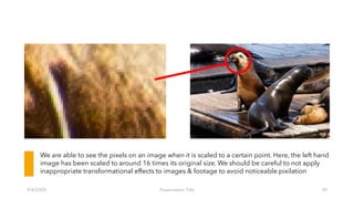 9/4/20XX Presentation Title 39
We are able to see the pixels on an image when it is scaled to a certain point. Here, the left hand
image has been scaled to around 16 times its original size. We should be careful to not apply
inappropriate transformational effects to images & footage to avoid noticeable pixilation
 