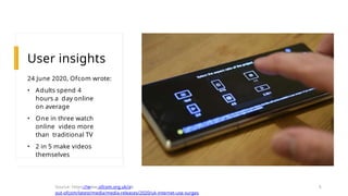 User insights
24 June 2020, Ofcom wrote:
• Adults spend 4
hours a day online
on average
• One in three watch
online video more
than traditional TV
• 2 in 5 make videos
themselves
Source: https://www.ofcom.org.uk/ab
out-ofcom/latest/media/media-releases/2020/uk-internet-use-surges
5
 