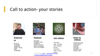 Call to action- your stories
Source: https://www.youtube.com/c/Na
tionalFootballMuseum/videos
51
List videos
Themed
lists, entirely
still images
& CGI
overlaid
onto audio
track
How to
videos
Family friendly
craft videos,
minimal
editing,
footage
placed over
audio track
Intervie
w
One or
multiple
subjects,
static shots
with
cutaways
Feature
Multiple
subjects and
locations,
mixed camera
work, cutaways
and CGI images
 