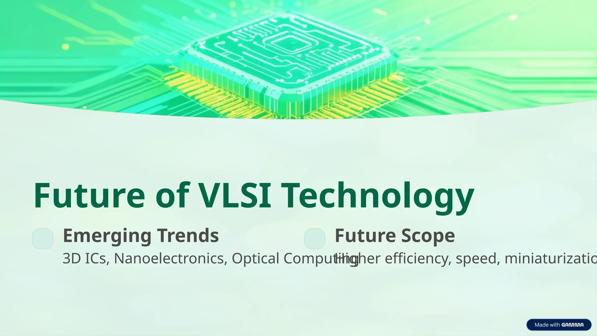 Future of VLSI Technology Emerging Trends 3D ICs, Nanoelectronics, Optical Computing Future Scope Higher efficiency, speed, miniaturizatio 