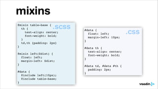 mixins
.scss

@mixin table-base {!
th {!
text-align: center;!
font-weight: bold;!
}!
td,th {padding: 2px}!
}!
!
@mixin left($dist) {!
float: left;!
margin-left: $dist;!
}!
!
#data {!
@include left(10px);!
@include table-base;!
}

#data {!
float: left;!
margin-left: 10px;!
}!
!
#data th {!
text-align: center;!
font-weight: bold;!
}!
!
#data td, #data #th {!
padding: 2px;!
}

.css

 