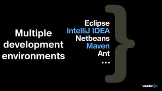 Eclipse
IntelliJ IDEA
Multiple
Netbeans
development
Maven
Ant
environments
ŁŁŁ

 