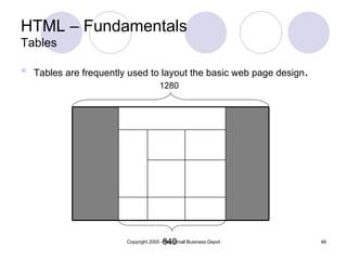 HTML – Fundamentals Tables Tables are frequently used to layout the basic web page design . 640 1280 