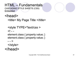HTML – Fundamentals CASCADING STYLE SHEETS (CSS) Embedded <head> <title> My Page Title </title> <style TYPE="text/css > <! - - element.class { property:value; } element.class { property:value; } - - > </style> </head> 