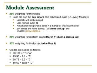 Module Assessment 25%  weighting for the 6 labs  Labs are due the  day before  next scheduled class (i.e. every Monday) Late labs will not be graded Labs marked out of  10 7 marks  for doing what is asked +  3 marks  for showing initiative! ZIP all files and name zip file:  “ lastname -lab x .zip ” and  email to:  [email_address] 25%  weighting for midterm exam ( March 11 during class & lab ) 50%  weighting for final project ( due May 9 ) Grades are scaled as follows: 90-100 = 1 st  = “A” 75-90 = 2.1 = “B” 60-75 = 2.2 = “C” 50-60 = pass = “D” 