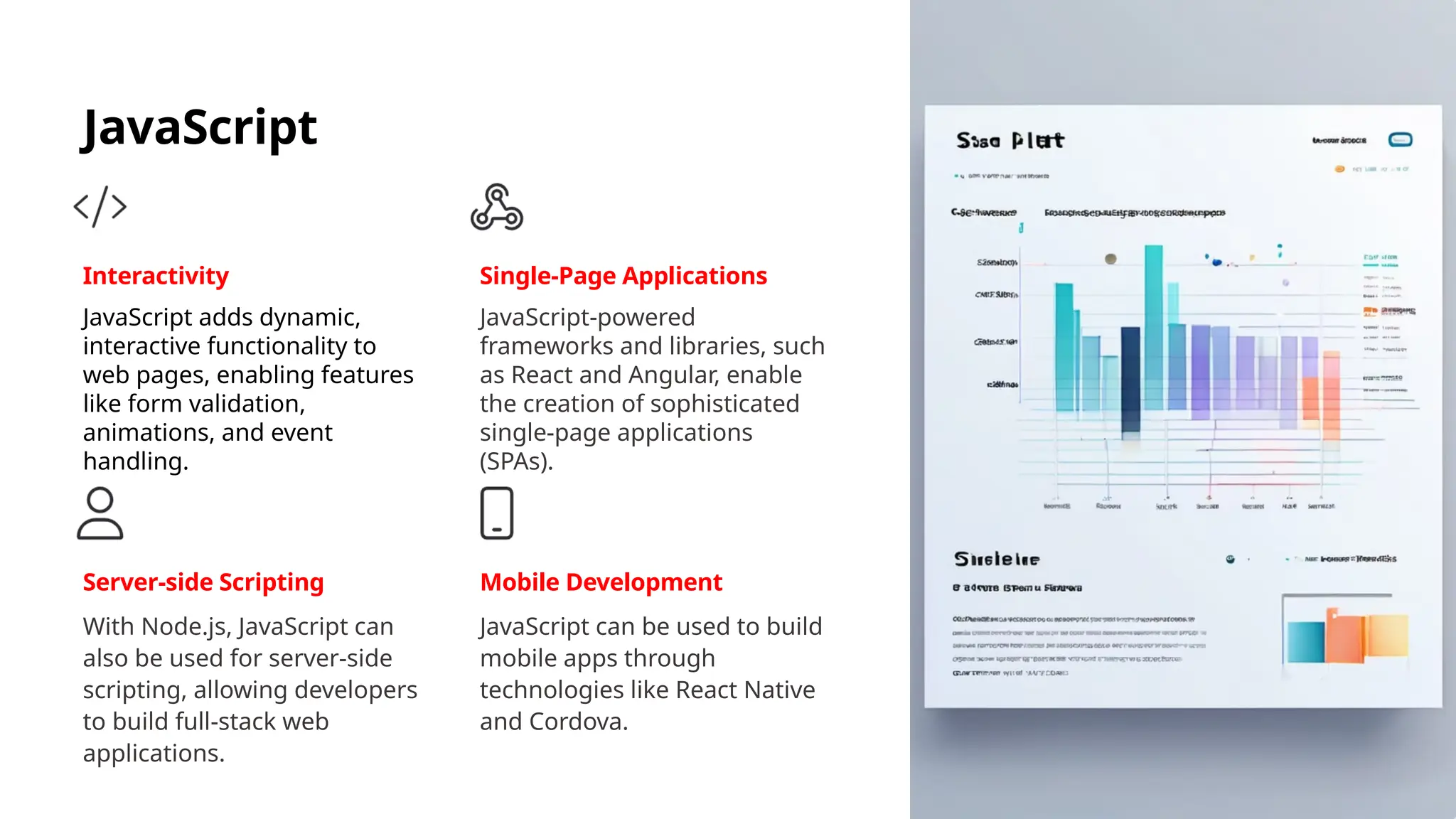 JavaScript
Interactivity
JavaScript adds dynamic,
interactive functionality to
web pages, enabling features
like form validation,
animations, and event
handling.
Single-Page Applications
JavaScript-powered
frameworks and libraries, such
as React and Angular, enable
the creation of sophisticated
single-page applications
(SPAs).
Server-side Scripting
With Node.js, JavaScript can
also be used for server-side
scripting, allowing developers
to build full-stack web
applications.
Mobile Development
JavaScript can be used to build
mobile apps through
technologies like React Native
and Cordova.
 