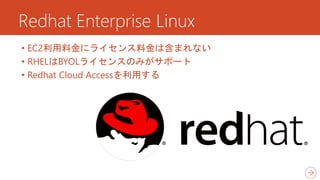 Redhat Enterprise Linux
• EC2利用料金にライセンス料金は含まれない
• RHELはBYOLライセンスのみがサポート
• Redhat Cloud Accessを利用する
 